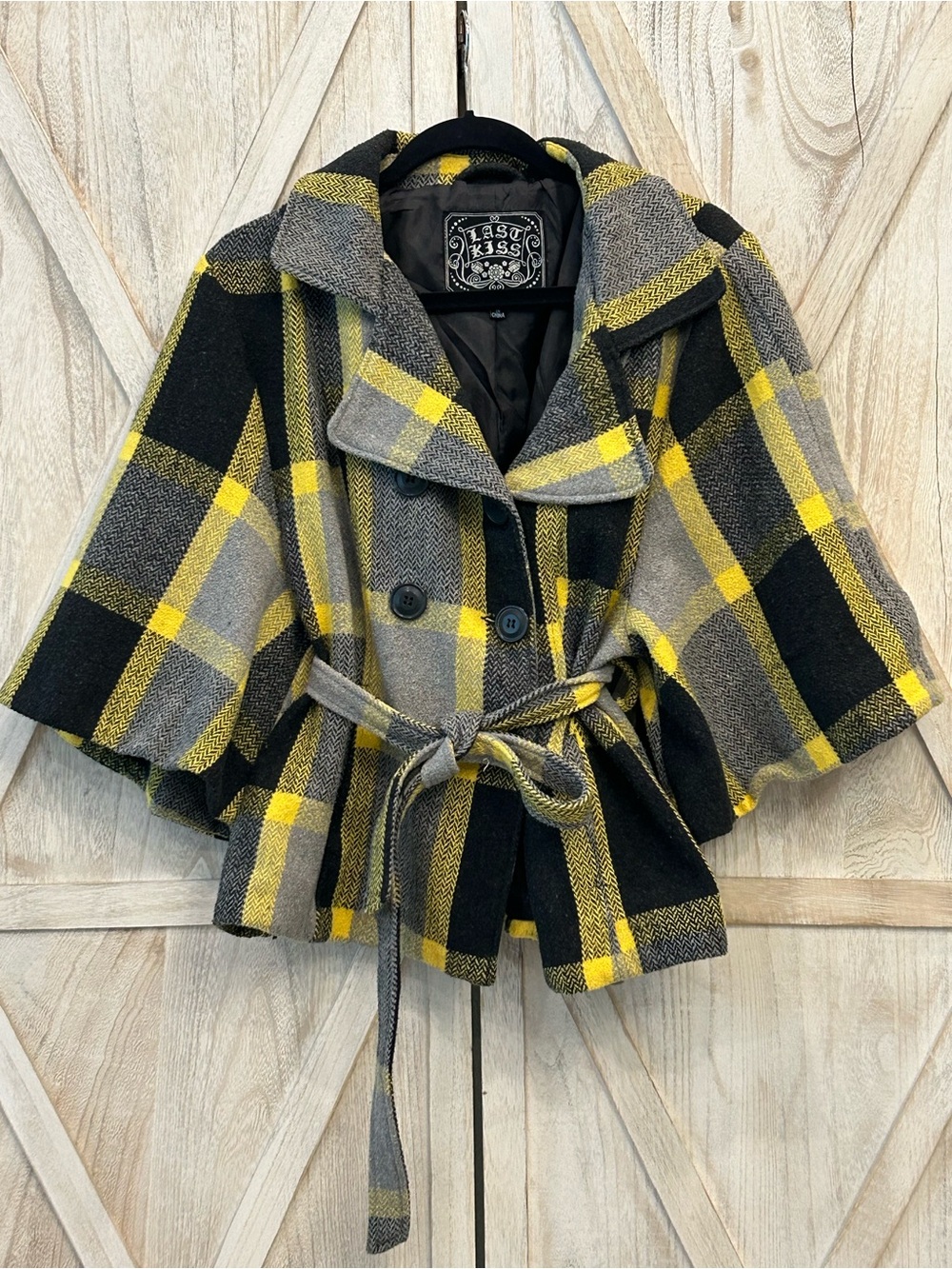 last kiss Yellow, Gray & Black Plaid Belted Cape Coat